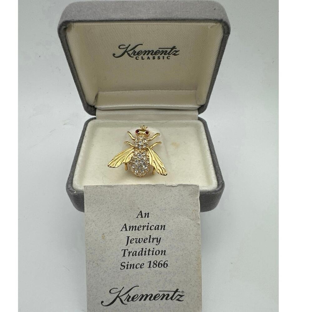 Vint-Krementz gold-tone Bee brooch rhinestone crystal body & red crystal eyes